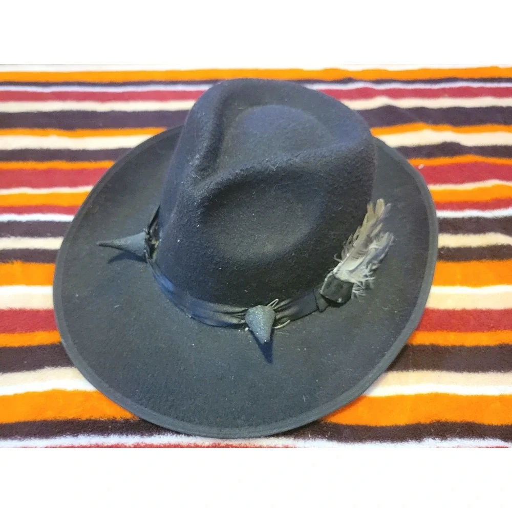 Black Felt Wide‎ Brim Hat Feather Horn Band Handmade Costume Gothic Witch